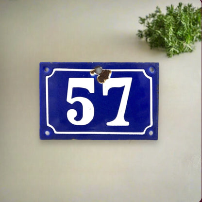 Vintage Antique French Blue Enamel Door Number 57, House Number 57 