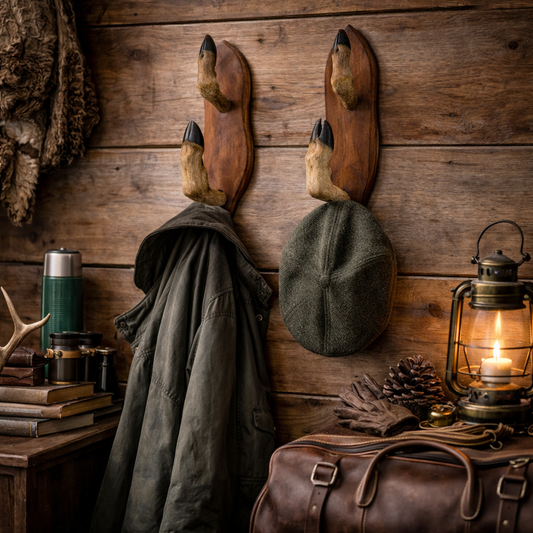 Vintage-style interior with deer hoof wall mounts, leather bag, and lantern on a wooden wall.