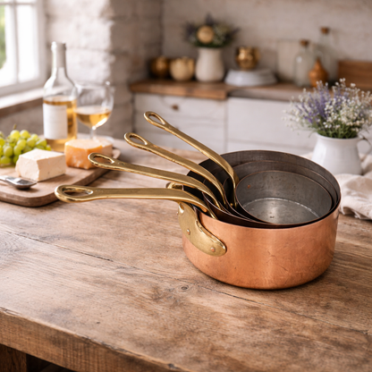 Set of copper cookware with gold handles on a wooden kitchen counter.