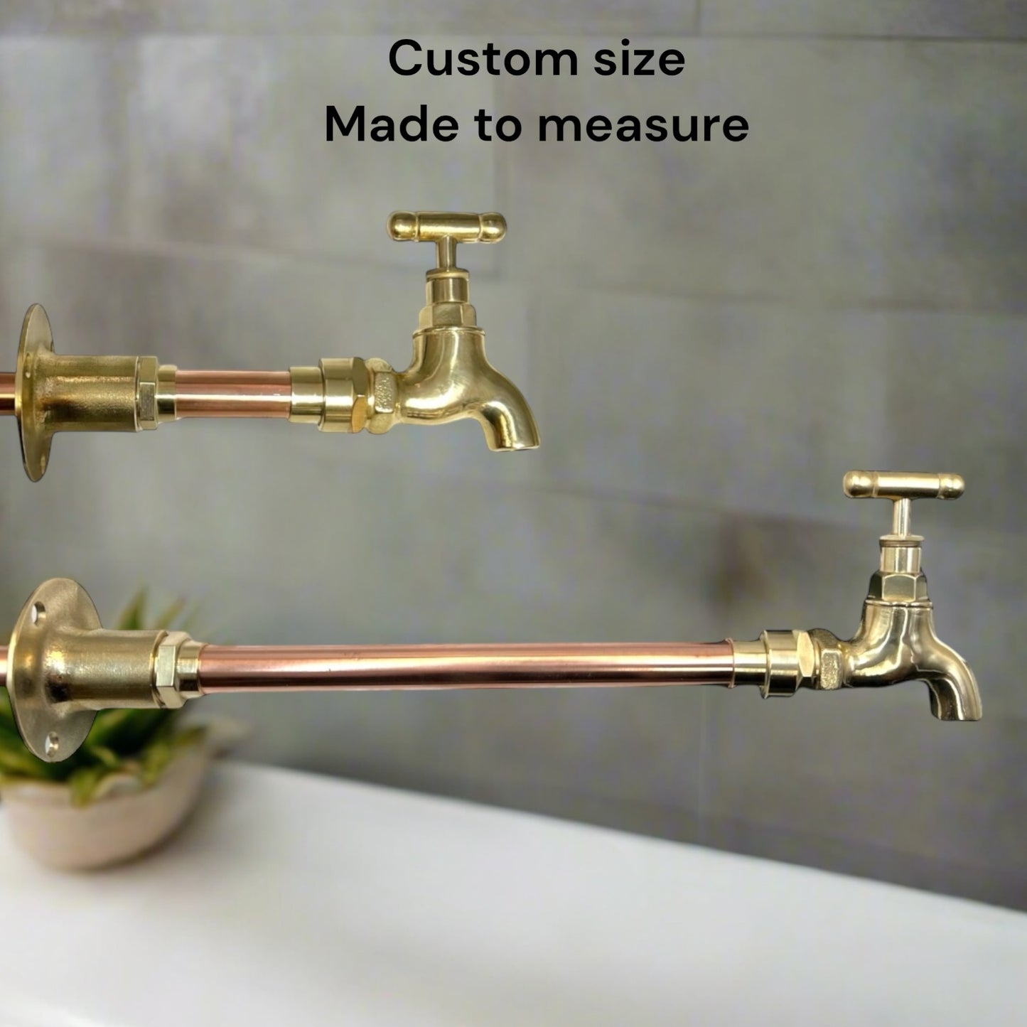 Pair of Vintage Style Wall Mounted Taps, Brass and Copper, Custom Size 