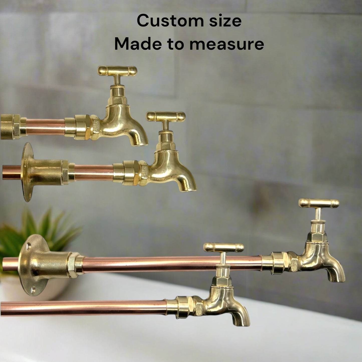 Pair of Vintage Style Wall Taps, Brass and Copper, Custom Size