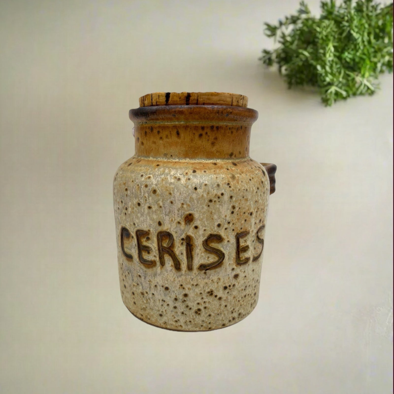 French cherry jar labelled cerises with a side spoon holder 