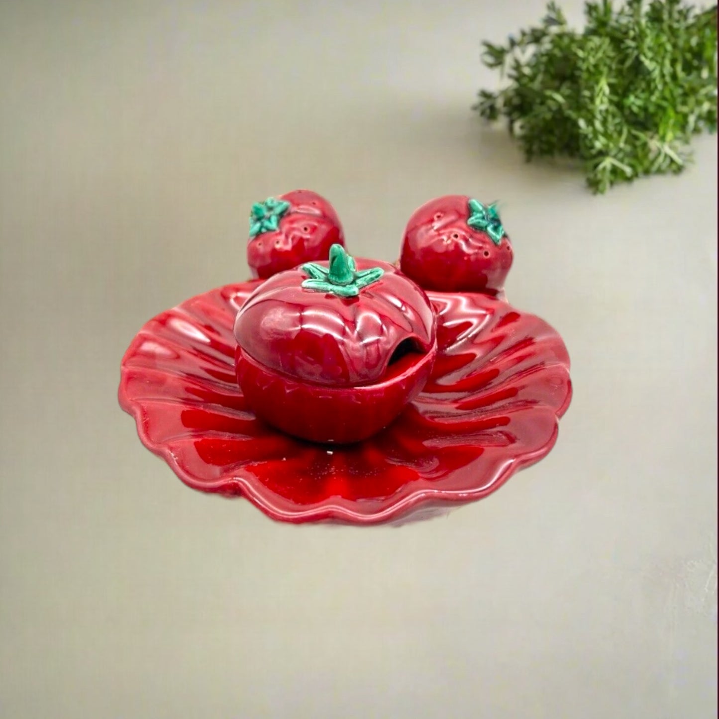 French Vallauris pottery cruet set in the shape of a tomato for sale by All Things French Store