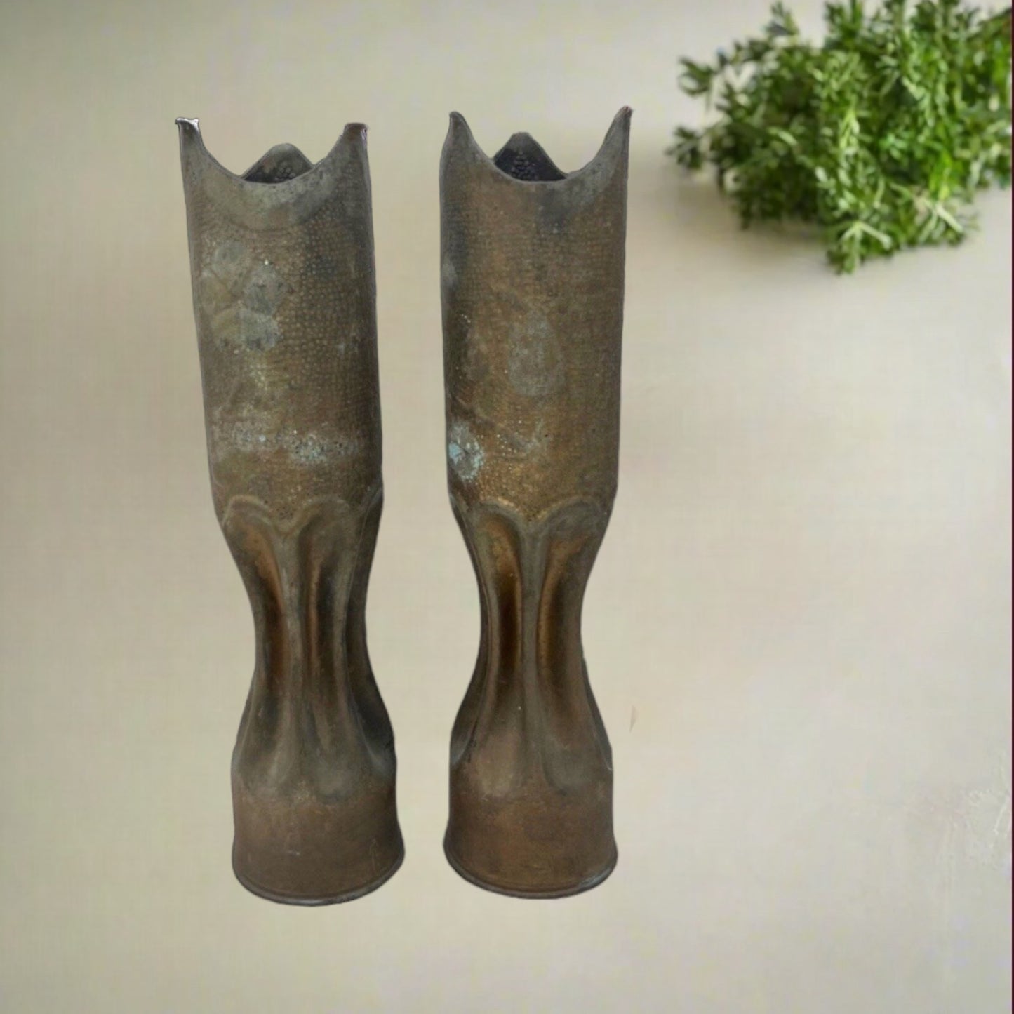 Pair of Brass Antique WW1 Trench Art Vases, French Militaria Relics