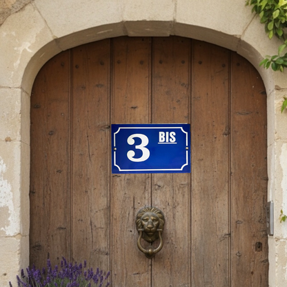 Blue house number sign '3 BIS' on a wooden door with a lion knocker.