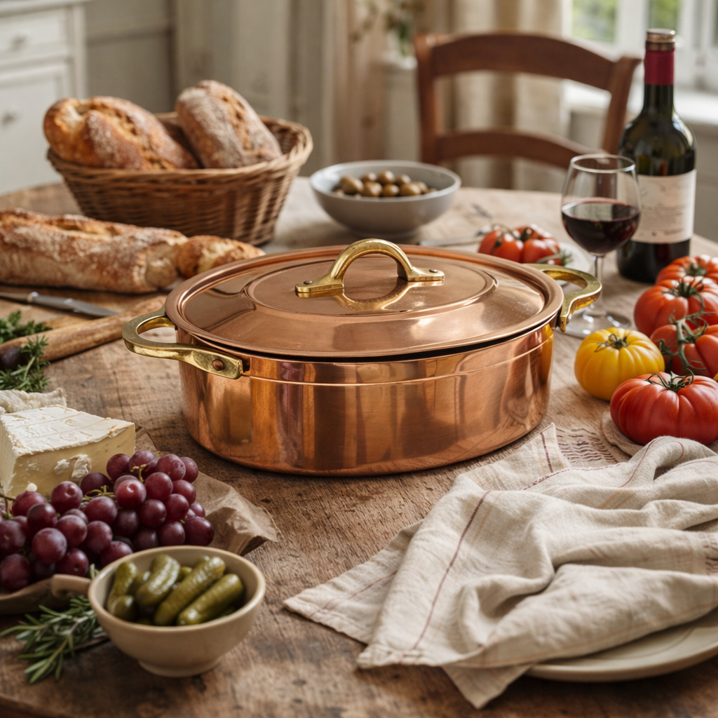 Copper pot on a table with bread, wine, and vegetables