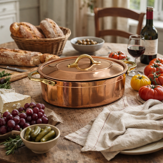 Copper pot on a table with bread, wine, and vegetables