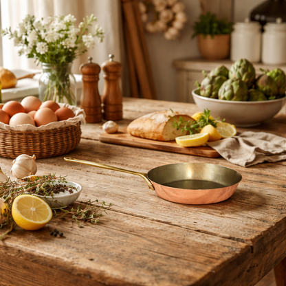 Copper pan on a wooden table with bread, lemons, and herbs in a rustic kitchen setting.