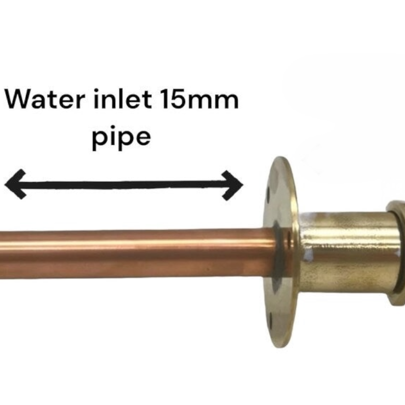 A copper water inlet pipe fitting with a brass flange, shown on a white background with a black double-arrow label reading 'Water inlet 15mm pipe'.