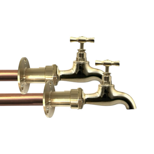 Pair of Industrial Style Brass Wall Mounted Kitchen or Bathroom Taps