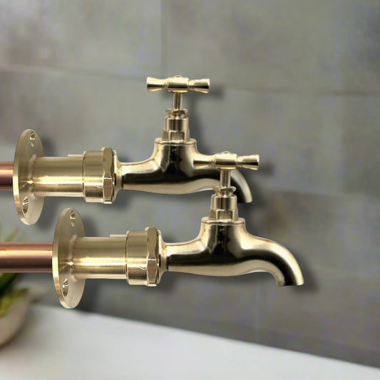 Pair of Industrial Style Brass Wall Mounted Kitchen or Bathroom Taps