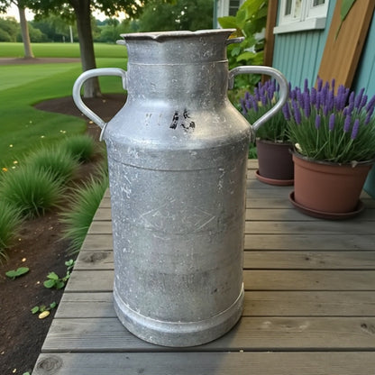 Vintage-style metal milk churn on a wooden deck with potted plants and greenery in the background.