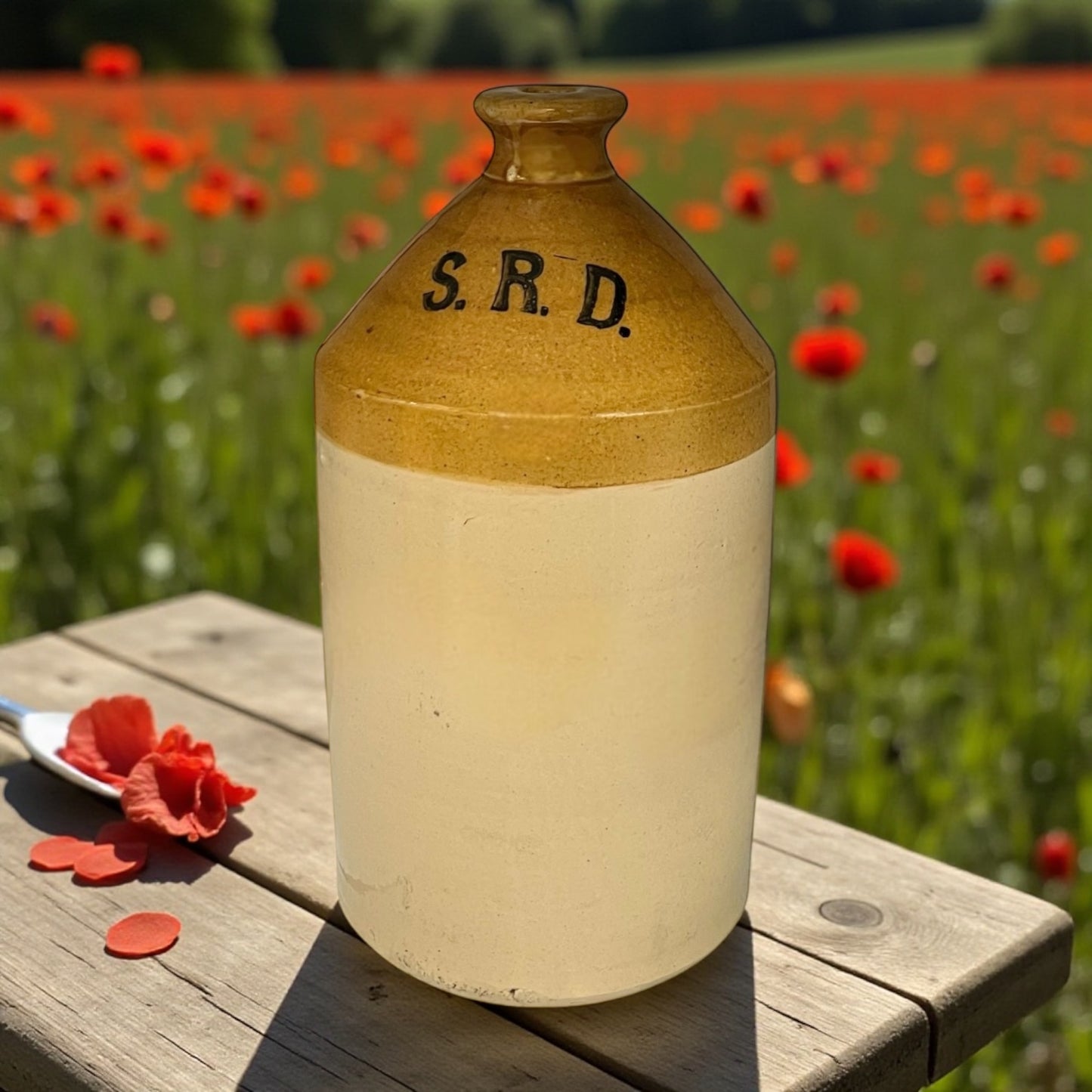 Ceramic WW1 militaria jar with 'S.R.D.' marking on a wooden surface with red flowers in the background