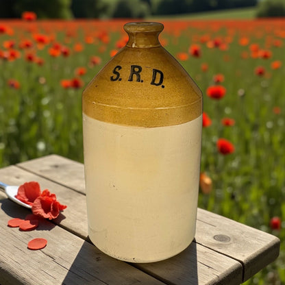 Ceramic WW1 militaria jar with 'S.R.D.' marking on a wooden surface with red flowers in the background