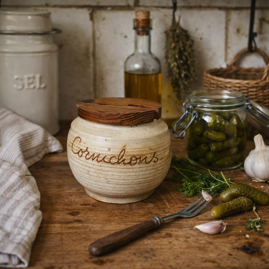 Ceramic jar labeled 'Cornichons' on a wooden table with pickles and kitchen items.