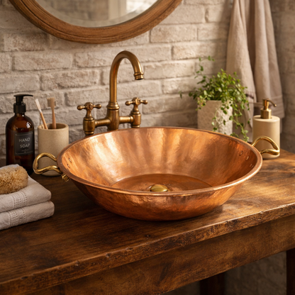 Copper sink on a wooden vanity with brass fixtures in a rustic bathroom setting.