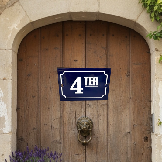 House number '4 TER' sign on a wooden door with a lion knocker.