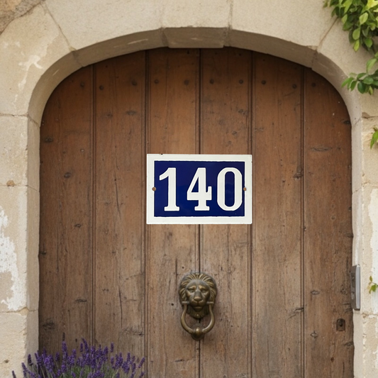Wooden door with a number 140 sign and a lion knocker.