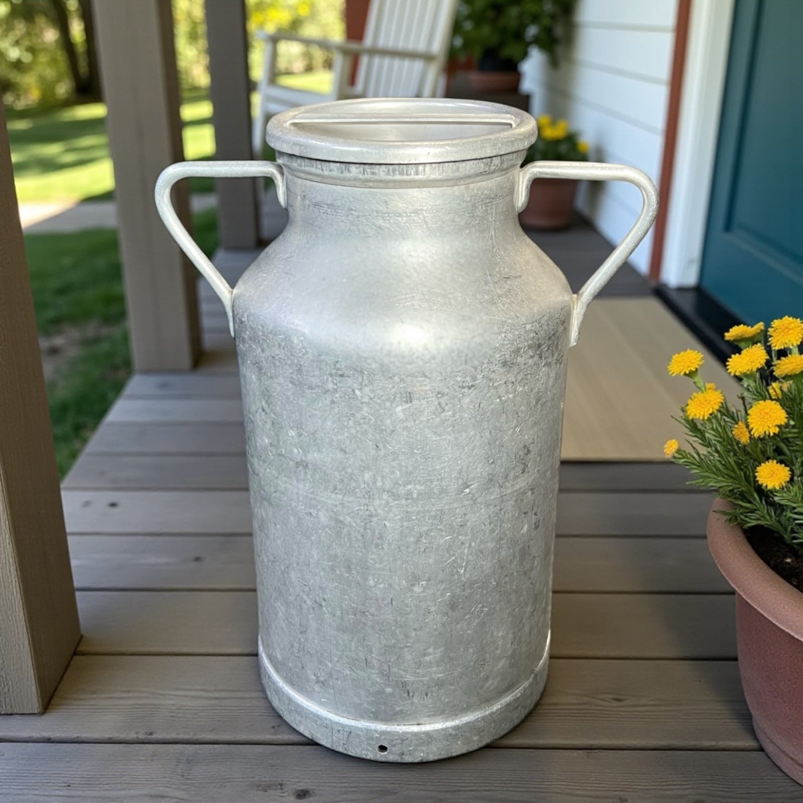 Vintage-style metal milk churn on a wooden deck with a potted plant in the background.