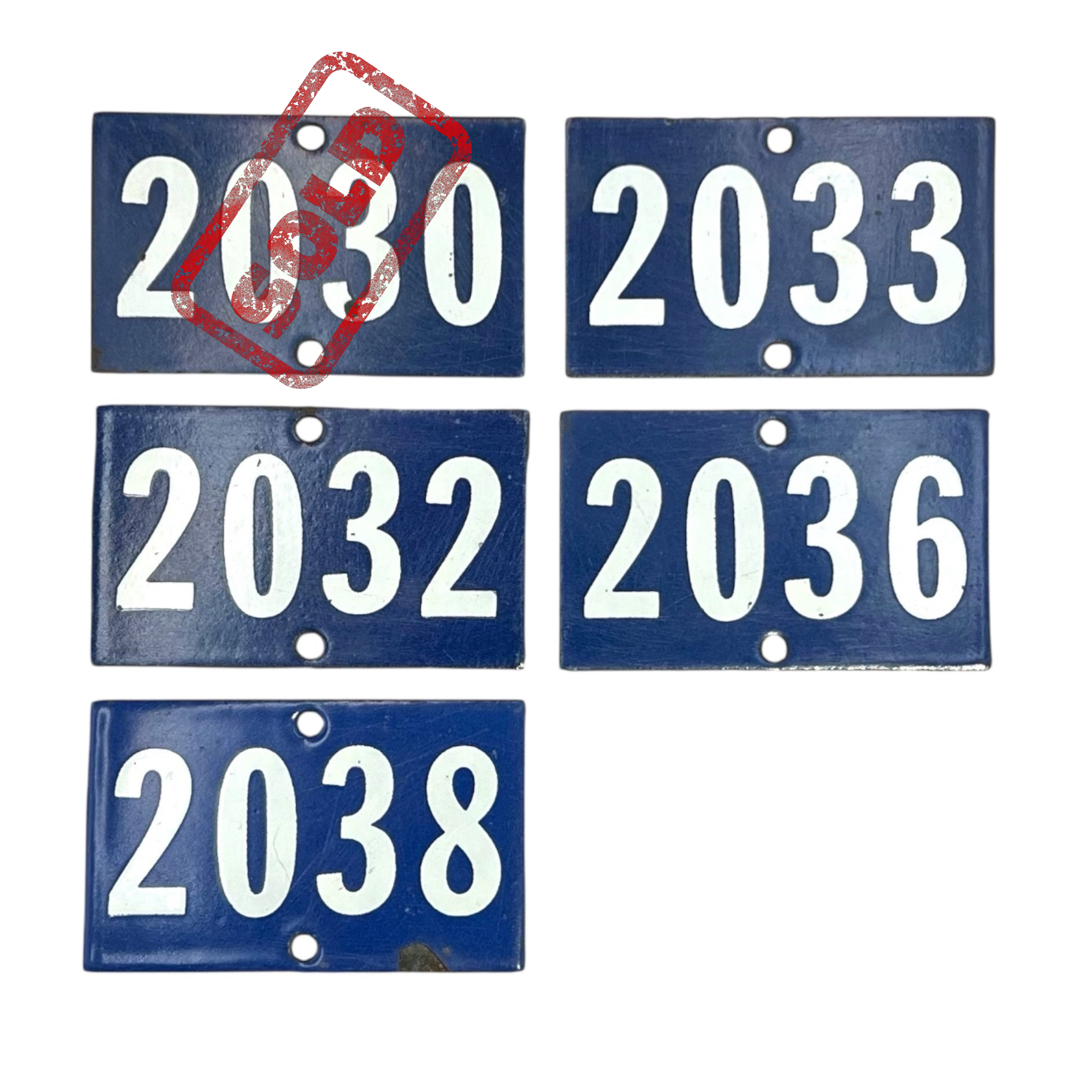 5 different blue enamel door numbers on a white background 