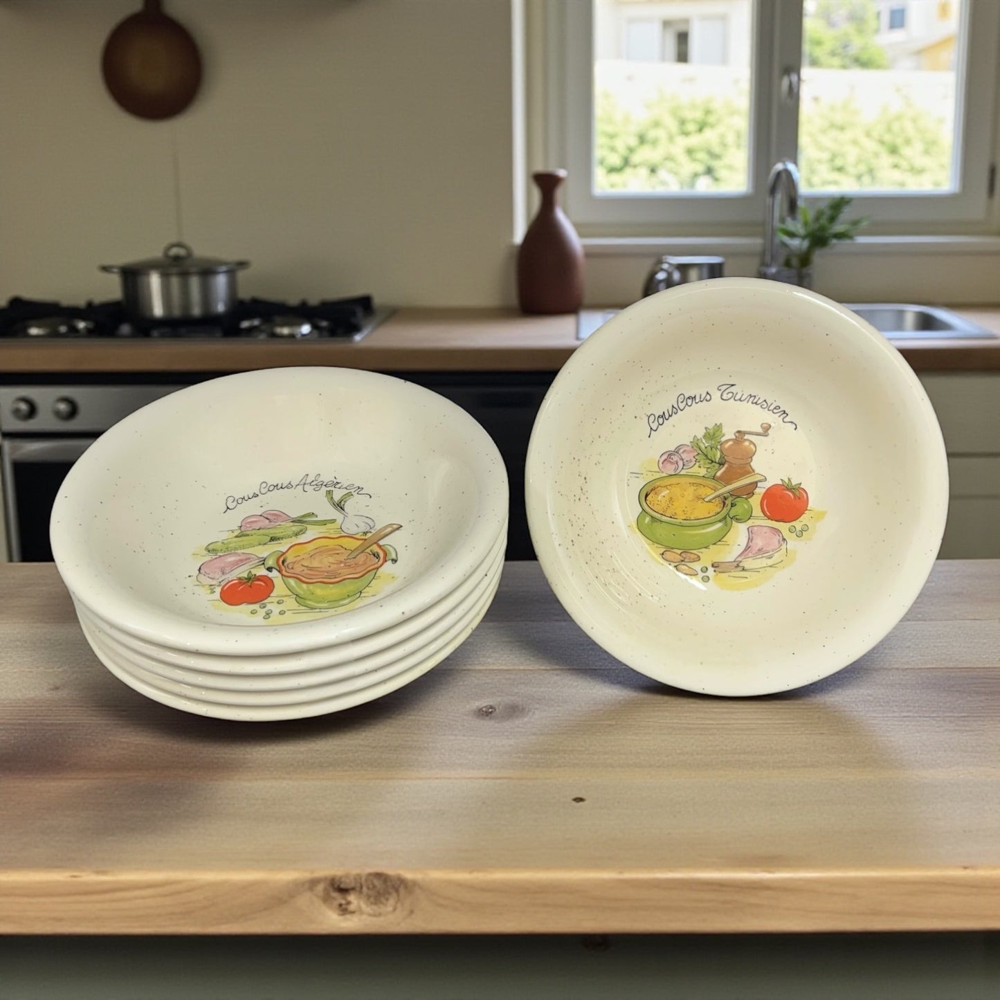 6 cous cous plats with decorated patterns on a kitchen table 