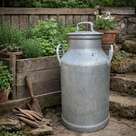 Vintage-style metal milk churn in a garden setting with plants and gardening tools.