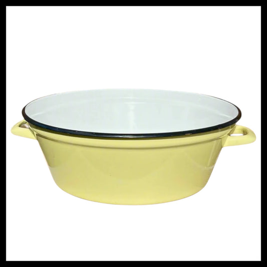 French vintage enamel retro 15 litre jam pan, yellow with a white inside and 2 handles 