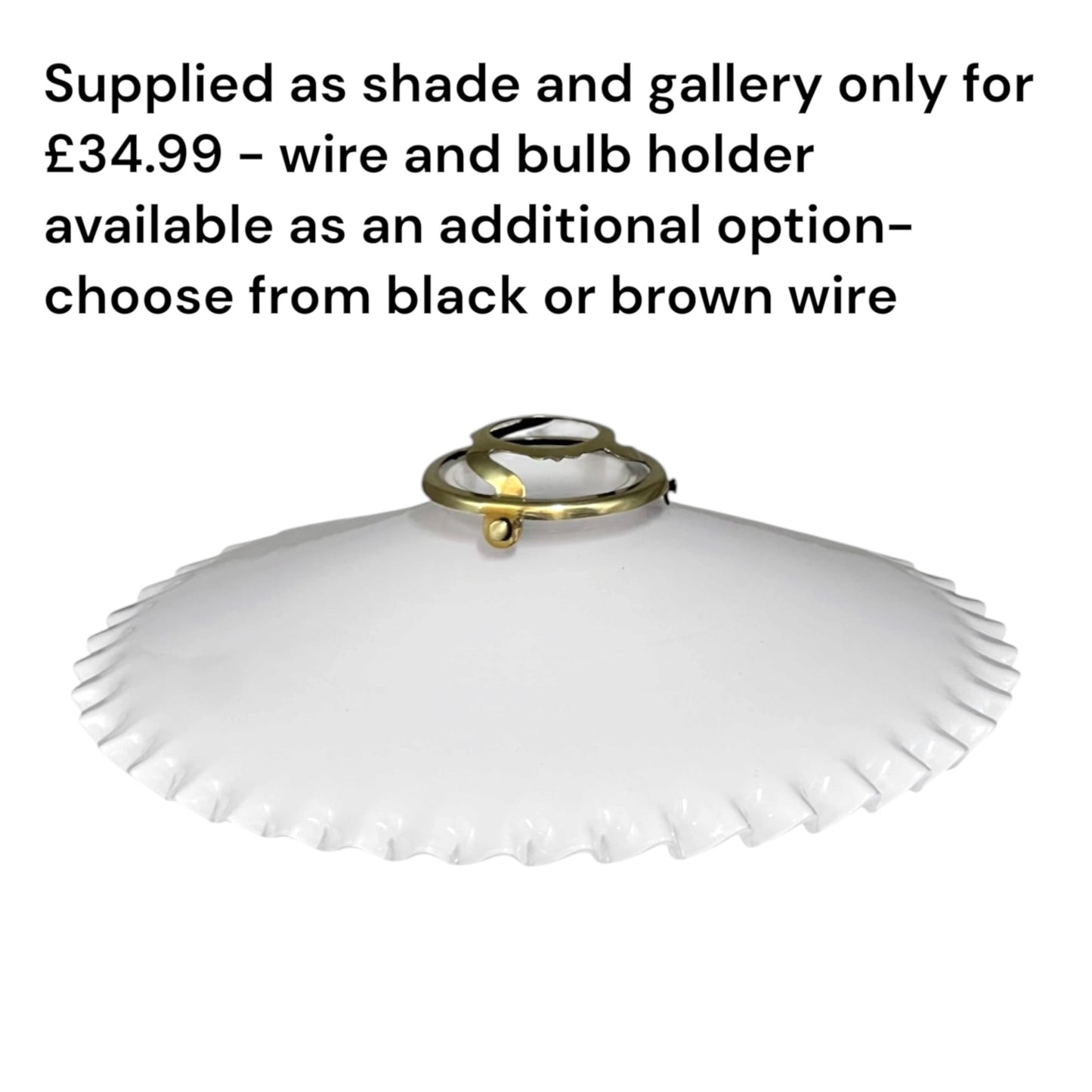 White French vintage scalloped edged lampshade with wording describing options to purchase extra fittings 