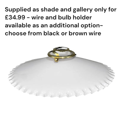 White French vintage scalloped edged lampshade with wording describing options to purchase extra fittings 