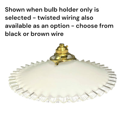 An off-white glass light fixture shade with a flared, scalloped rim and a brass-colored metal socket at the top, shown on a white background with black text explaining bulb holder and wiring options.
