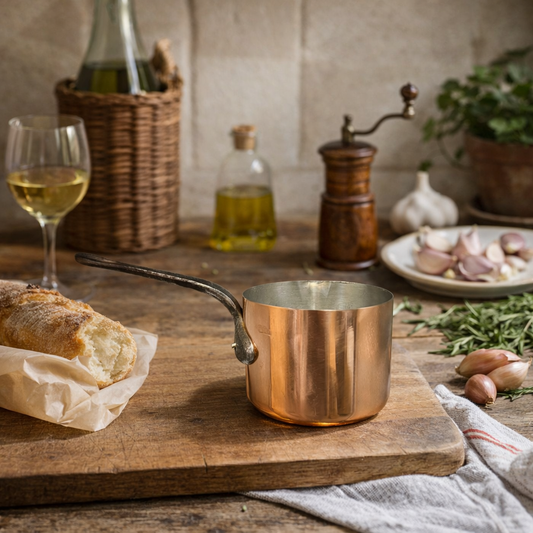 Copper pot on a wooden table with bread, wine, and ingredients in a rustic setting