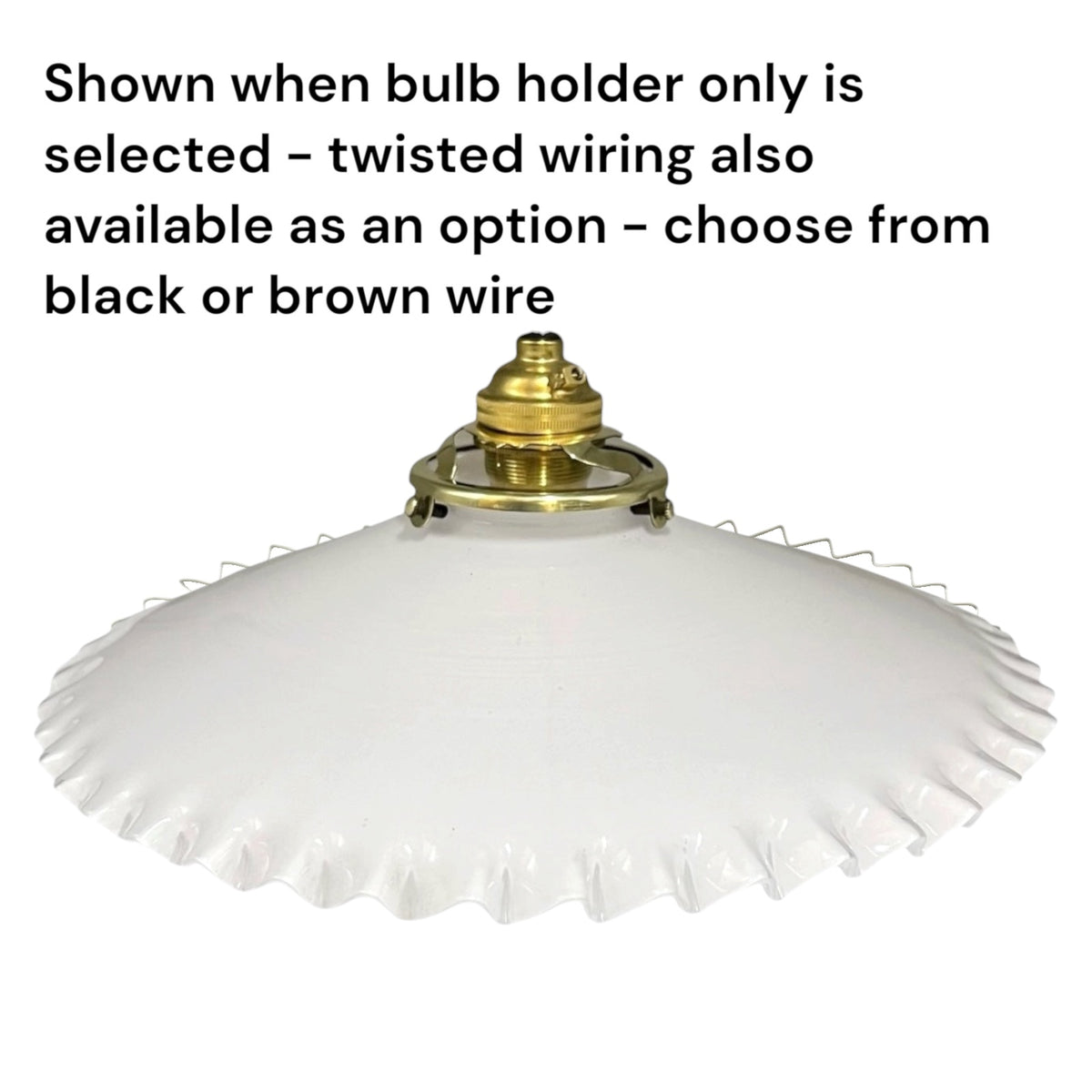 White ruffled glass light shade with a brass fixture top, shown on a white background with black text explaining bulb holder and wiring options.