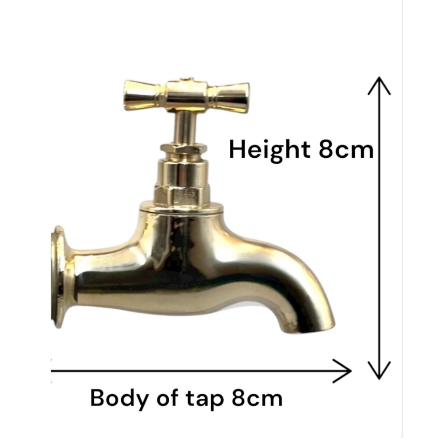 Gold faucet with measurements indicated on a white background