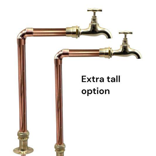 2 Copper and brass kitchen faucet taps with 'Extra tall option' text on a white background