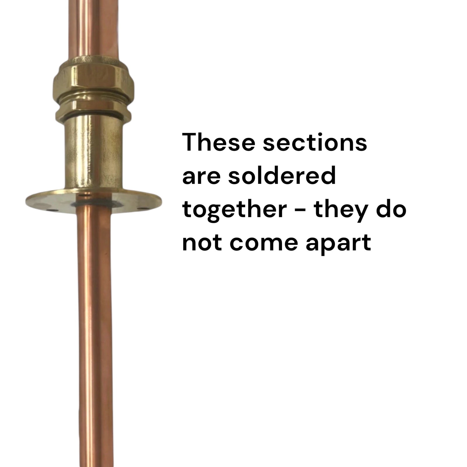 Copper pipe with brass fitting on a white background, labeled 'These sections are soldered together - they do not come apart'.