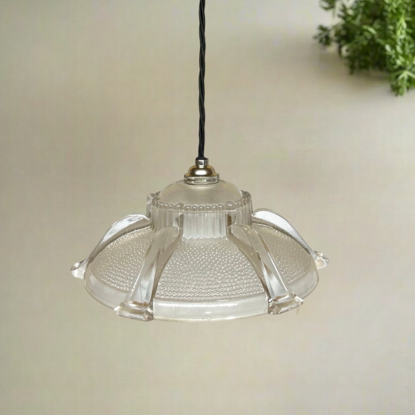 Vintage French Glass Ceiling Pendant Lamp Shade, Art Deco Ceiling Light New Fittings