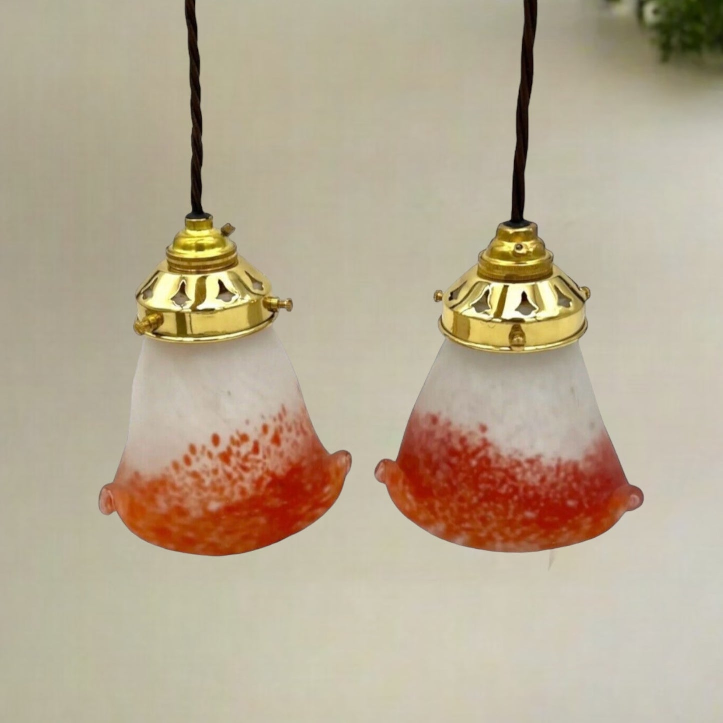 Pair of French Vintage Pendant Glass Ceiling Lamp Shades with new fittings