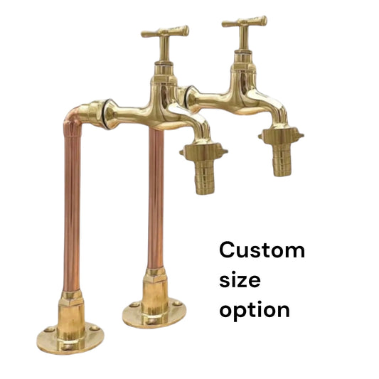 Brass and copper faucet on a white background with 'Custom size option' text.