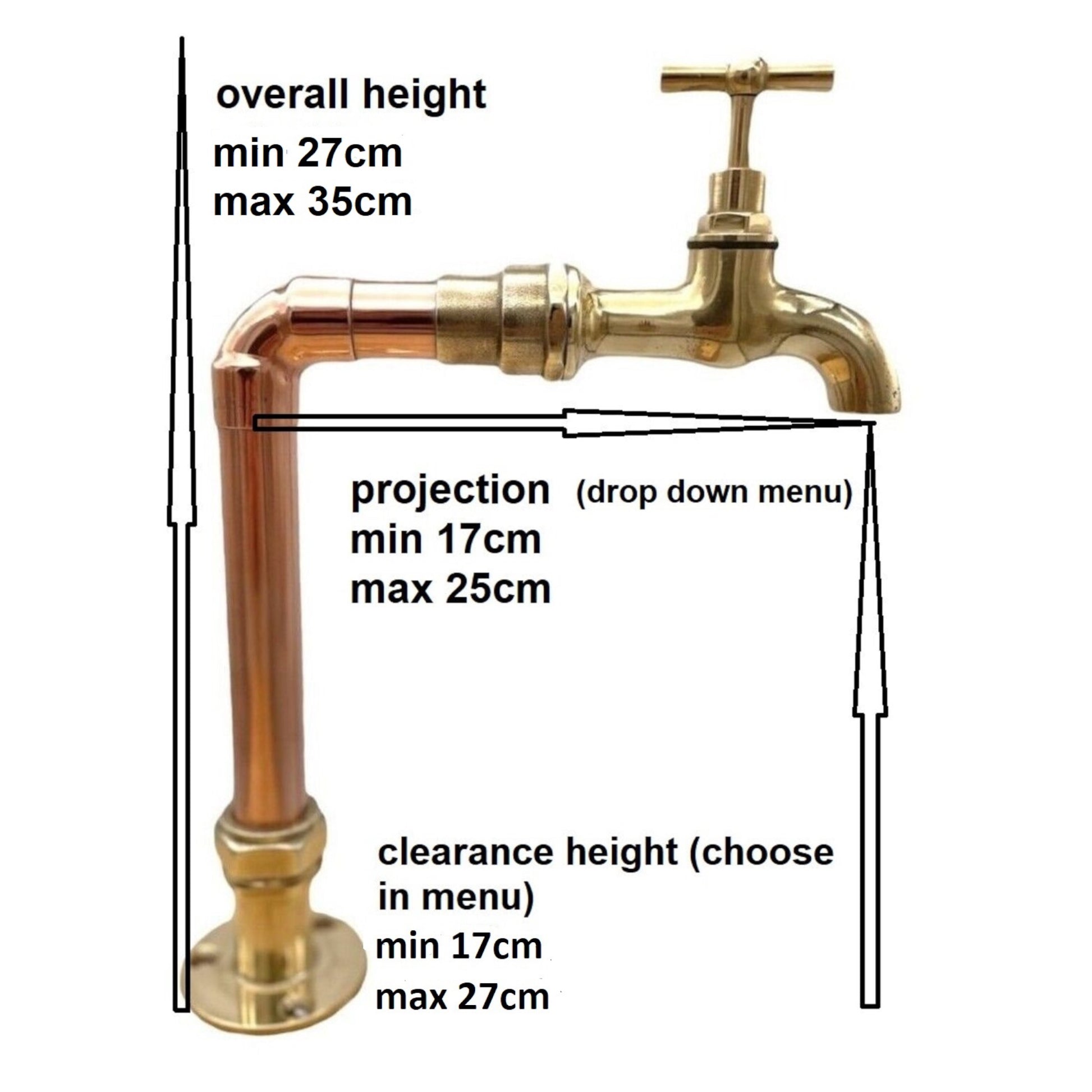 Image showing dimensions for handmade copper and brass tap sold by All Things French Store
