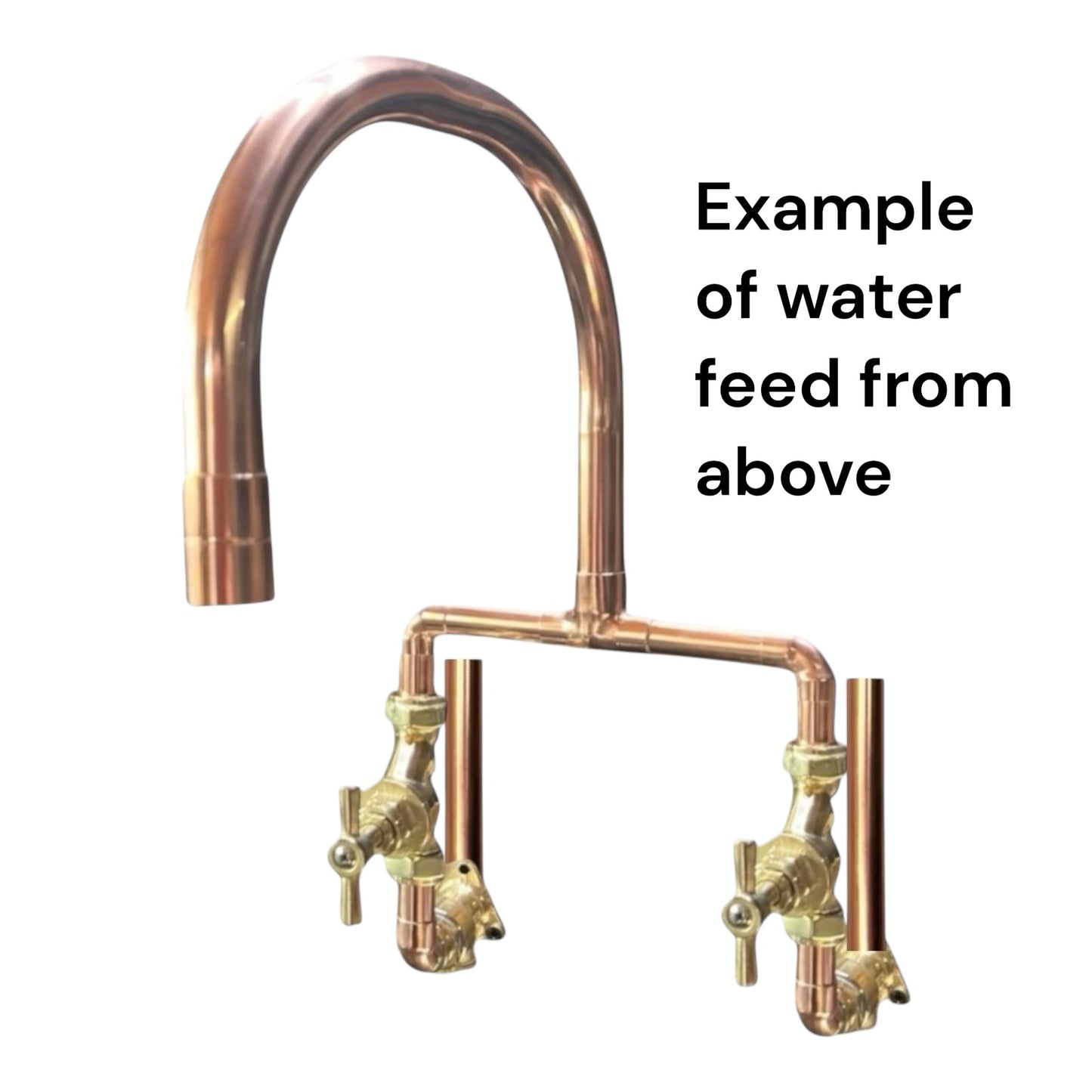 Copper kitchen faucet with dual spouts on a white background