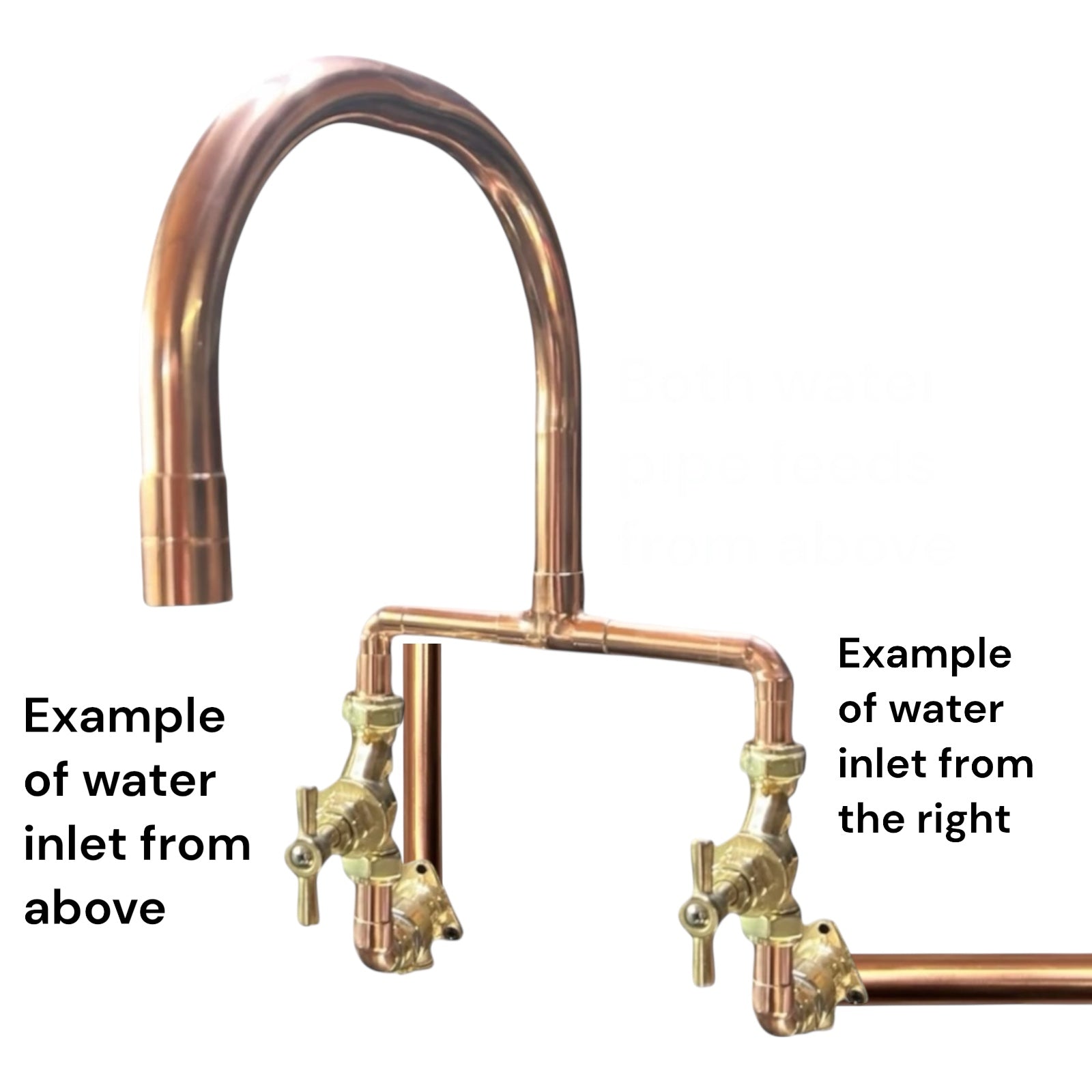 Copper kitchen faucet with two outlets on a white background