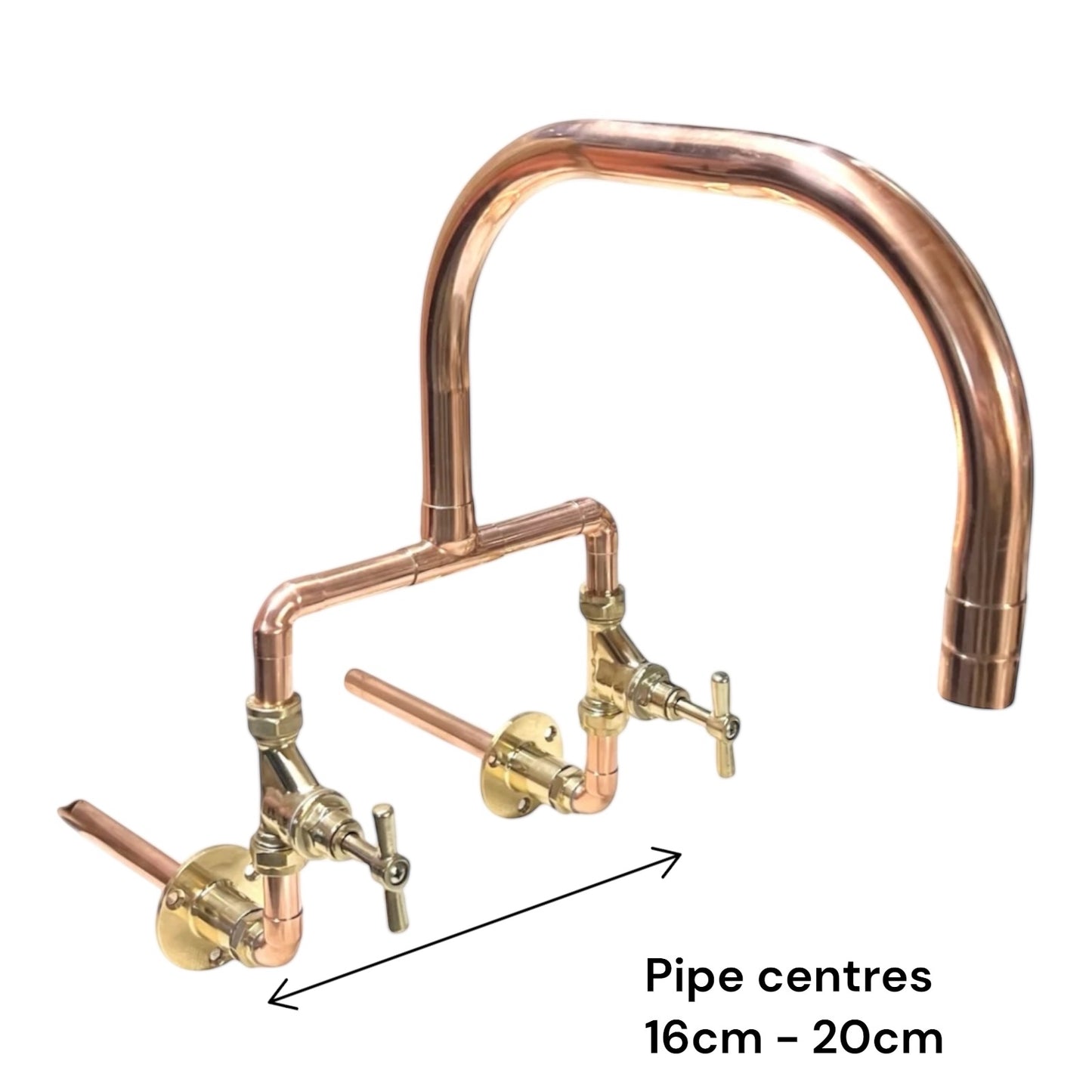 Copper and brass kitchen faucet with labeled pipe centres on a white background