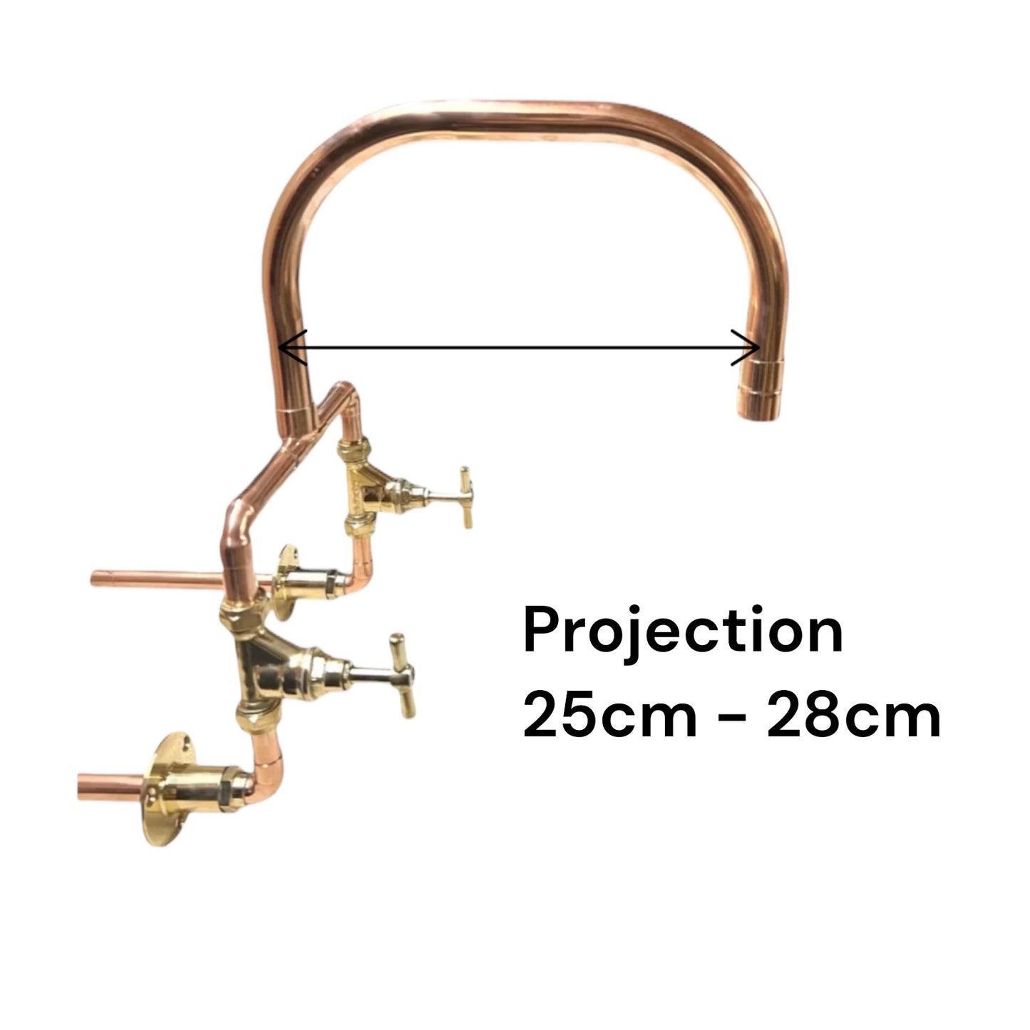 Copper kitchen faucet with measurement label on a white background