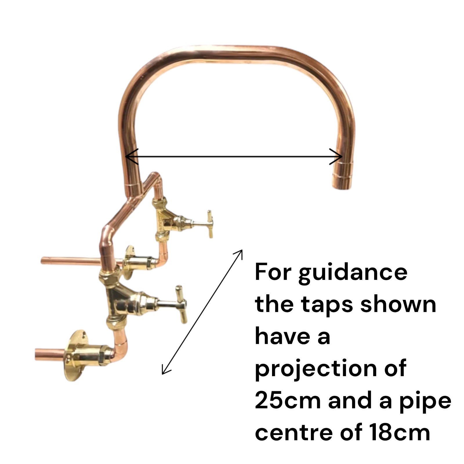 Copper kitchen tap assembly with dimensions indicated on a white background