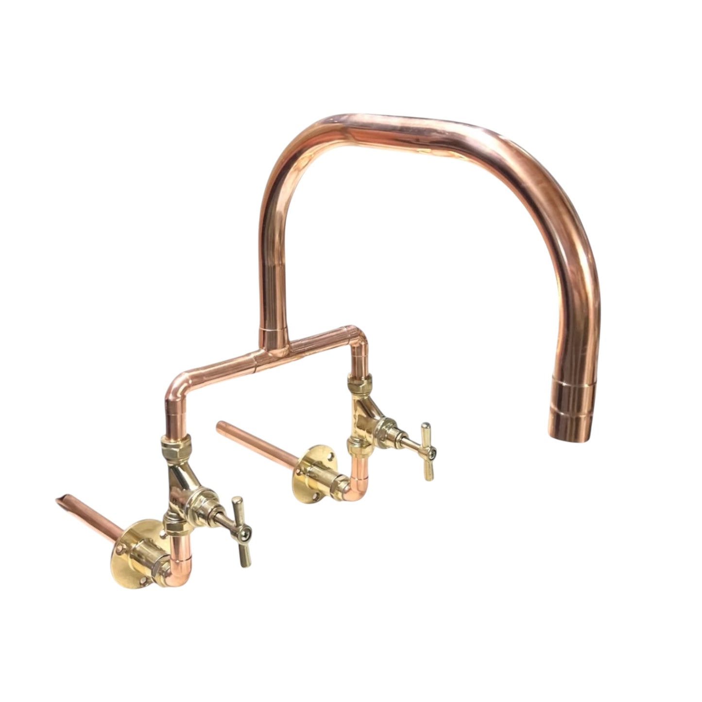 Copper kitchen faucet with two handles on a white background