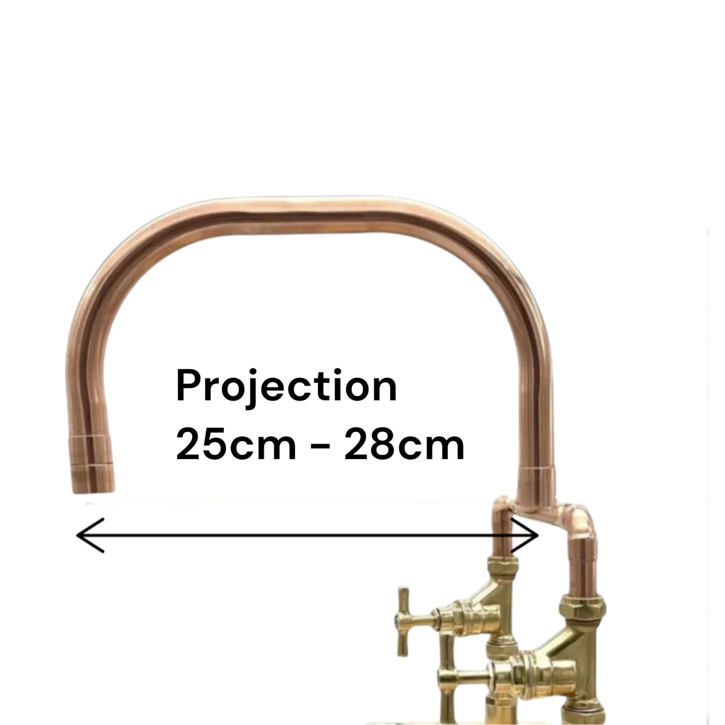 Copper kitchen faucet with measurement label on a white background