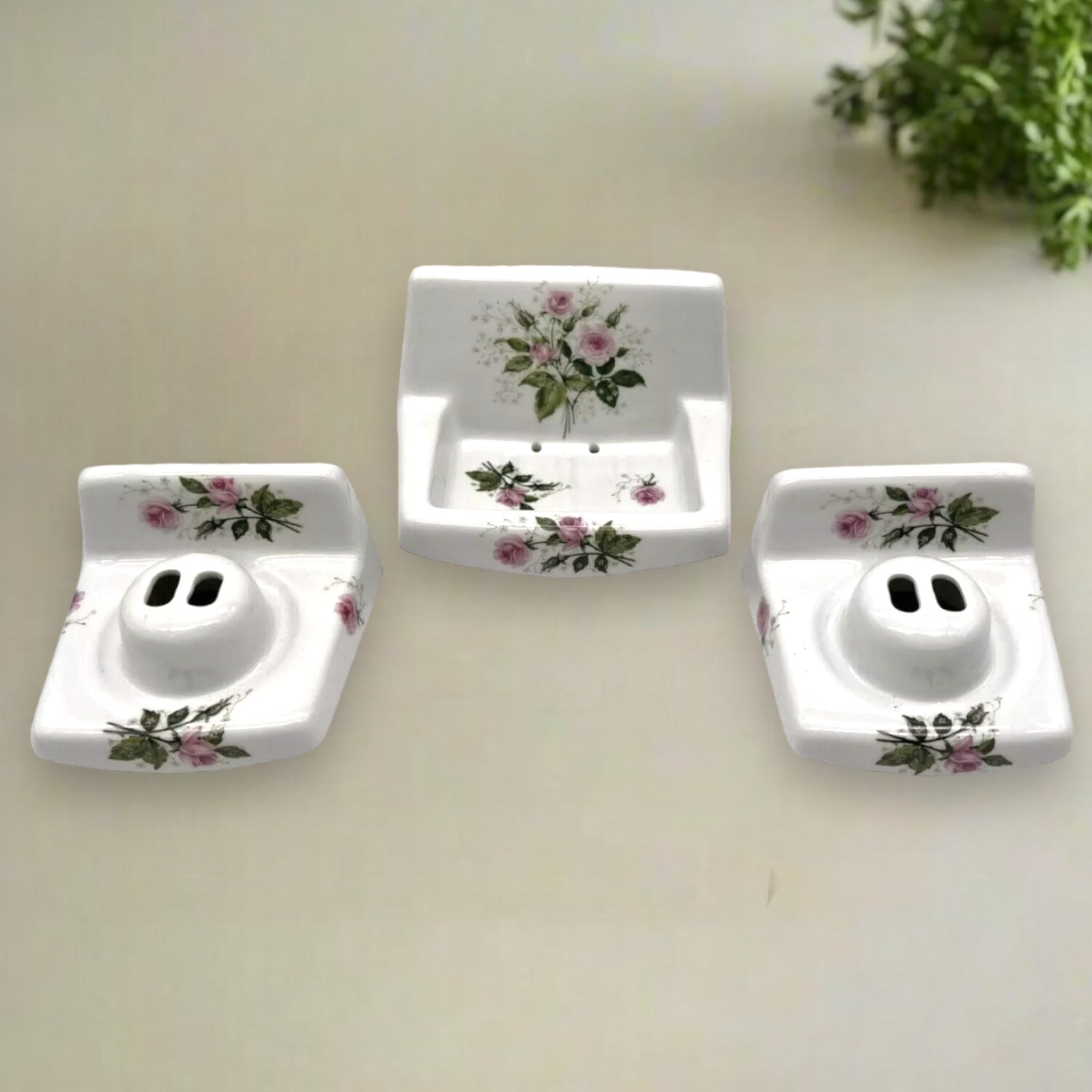 Vintage Bathroom Accessory Set 2 Toothbrush Holders and Soap Dish, French Paris Porcelain Victorian Style Bathroom Set, Vintage Gift