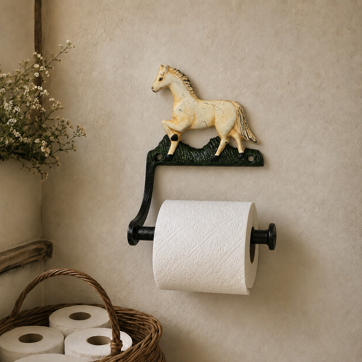 A decorative toilet paper holder mounted on a beige wall, featuring a cream-colored horse sculpture on a dark metal bracket holding a white toilet paper roll. A wicker basket with more toilet paper rolls sits below, and dried flowers appear on the left.