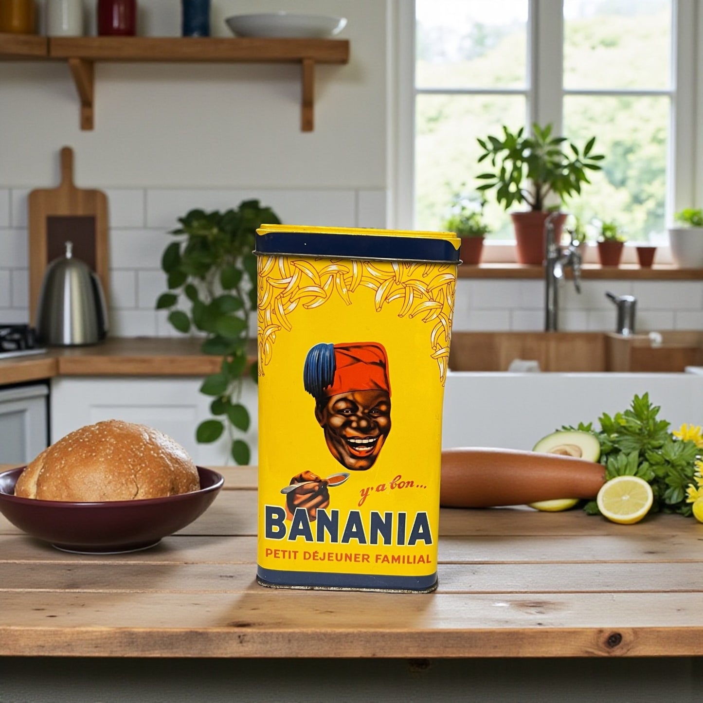Vintage-style 'BANANIA' food canister on a kitchen counter with a yellow label featuring a face.