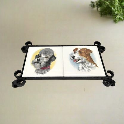 French Vintage Tile Topped Pan Trivet, Poodle and Terrier Dog Pot Stand 